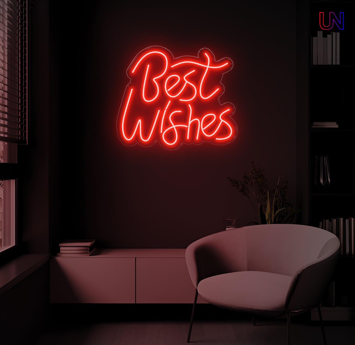 LED neon sign spelling “Best Wishes” glowing on a dark modern wall above a lounge chair