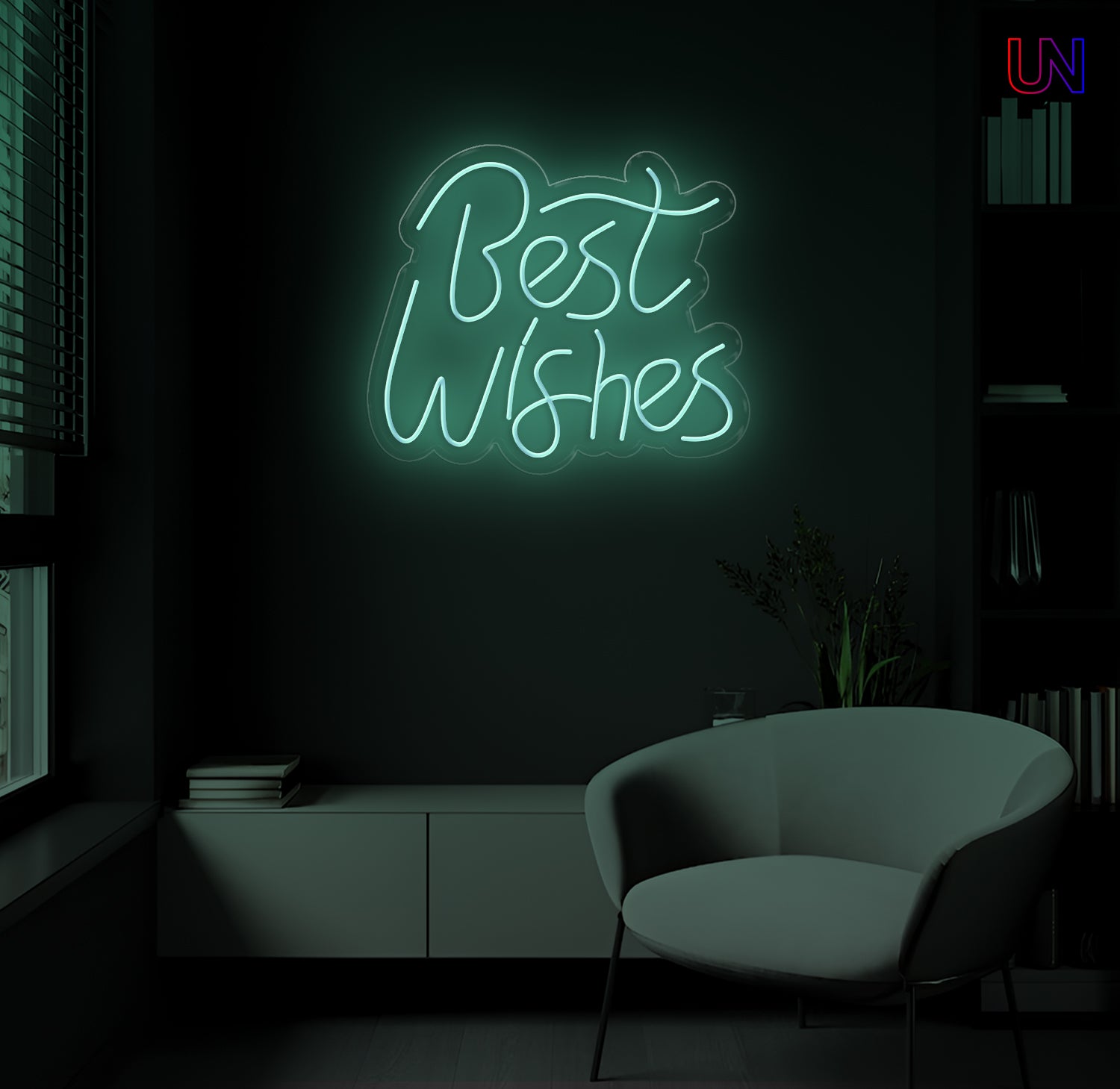 LED neon sign spelling “Best Wishes” glowing on a dark modern wall above a lounge chair