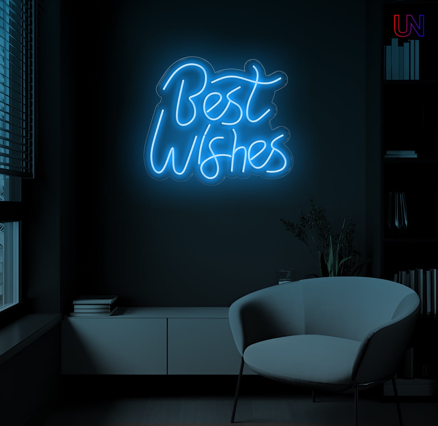 LED neon sign spelling “Best Wishes” glowing on a dark modern wall above a lounge chair