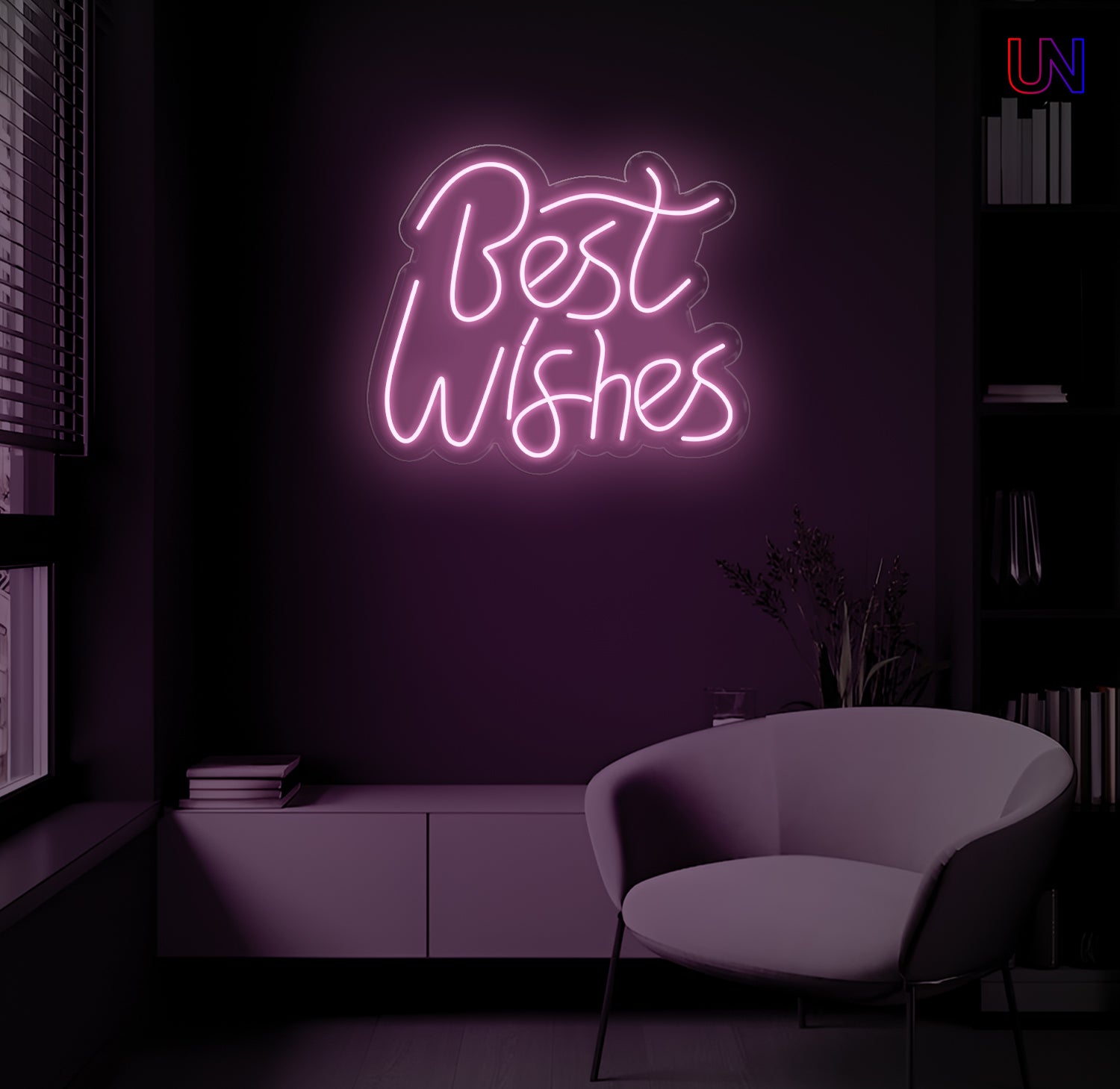 LED neon sign spelling “Best Wishes” glowing on a dark modern wall above a lounge chair