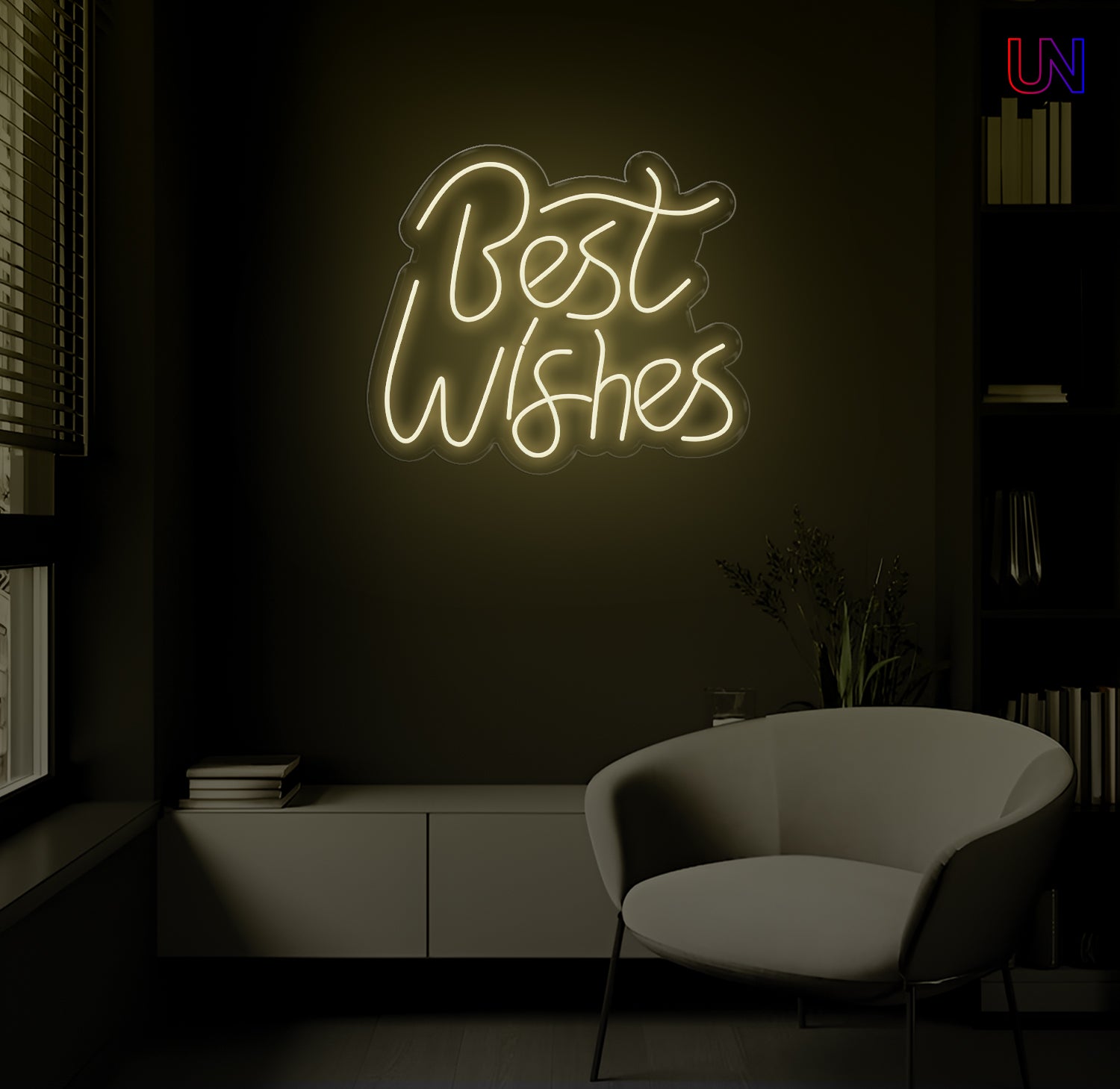 LED neon sign spelling “Best Wishes” glowing on a dark modern wall above a lounge chair