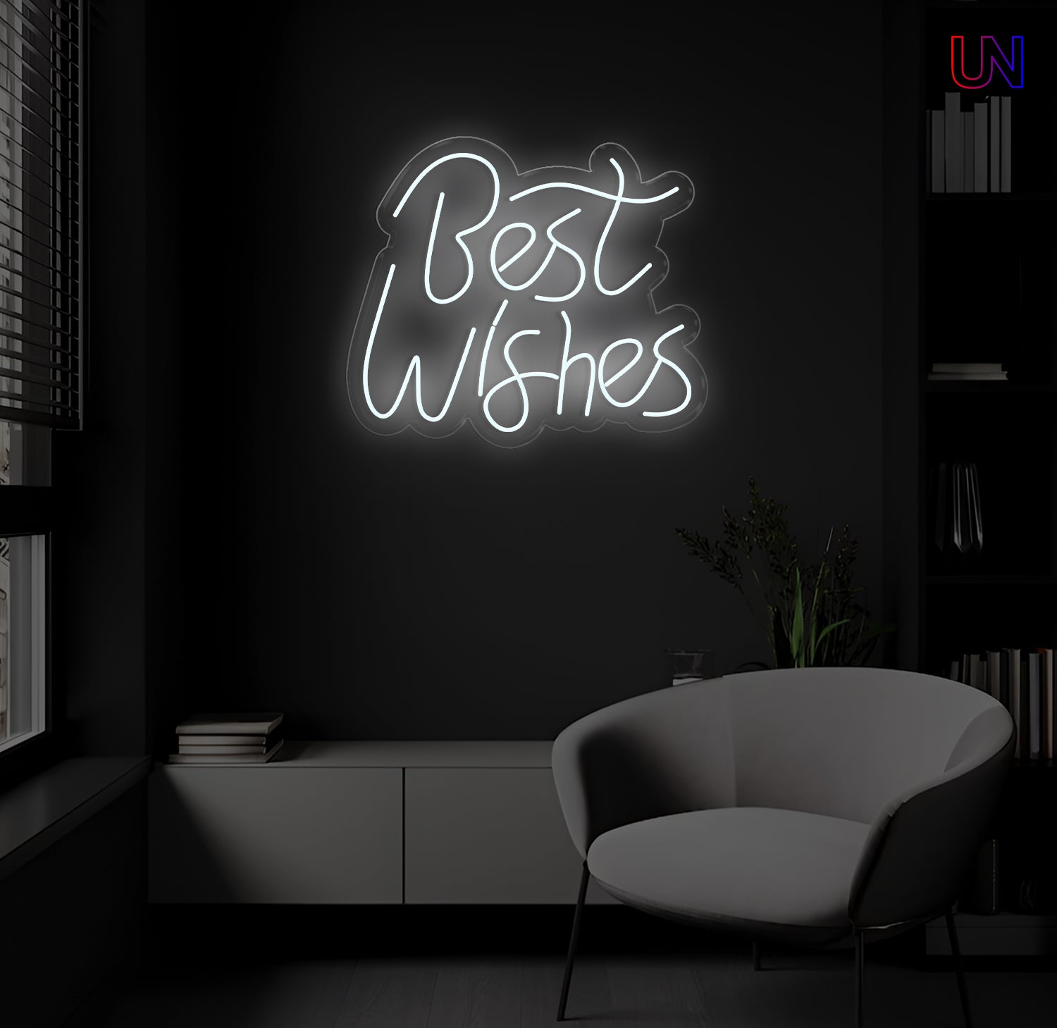 LED neon sign spelling “Best Wishes” glowing on a dark modern wall above a lounge chair