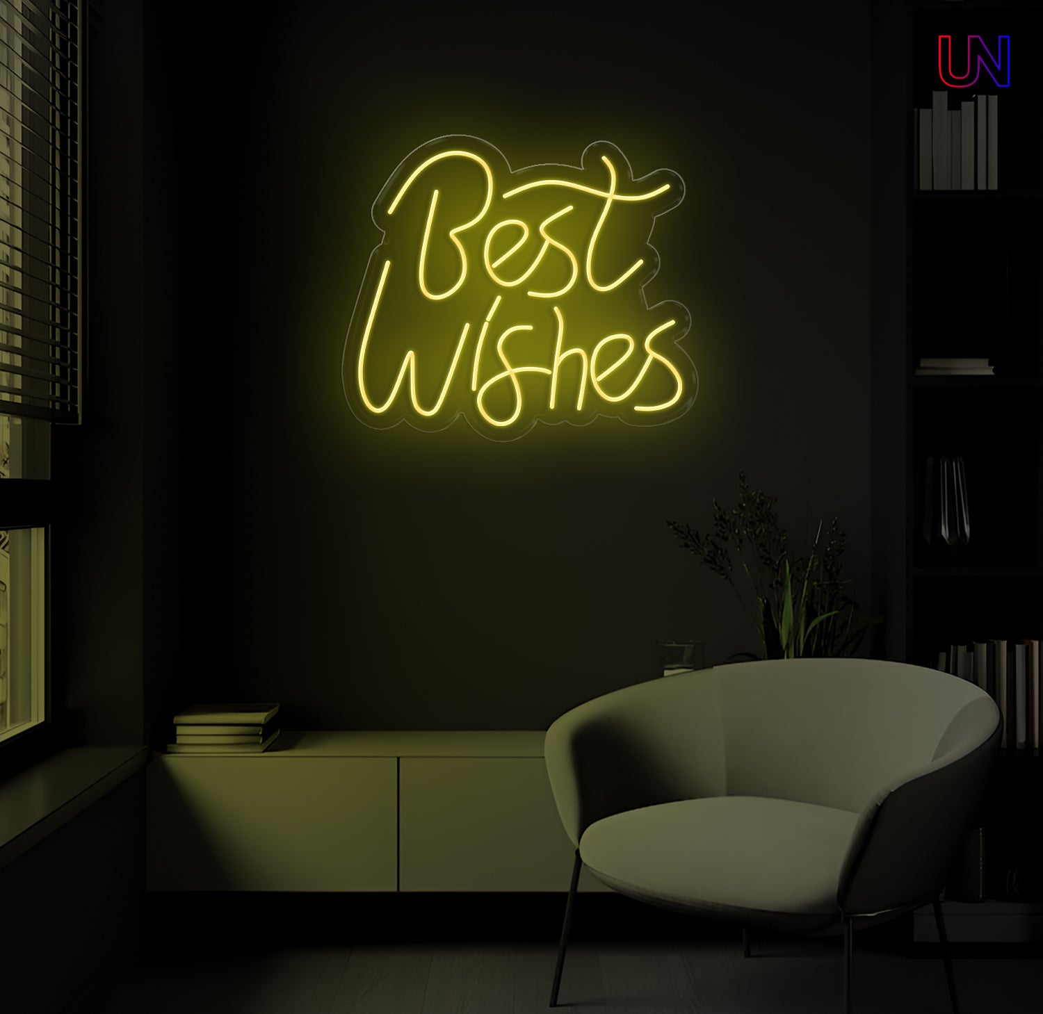 LED neon sign spelling “Best Wishes” glowing on a dark modern wall above a lounge chair