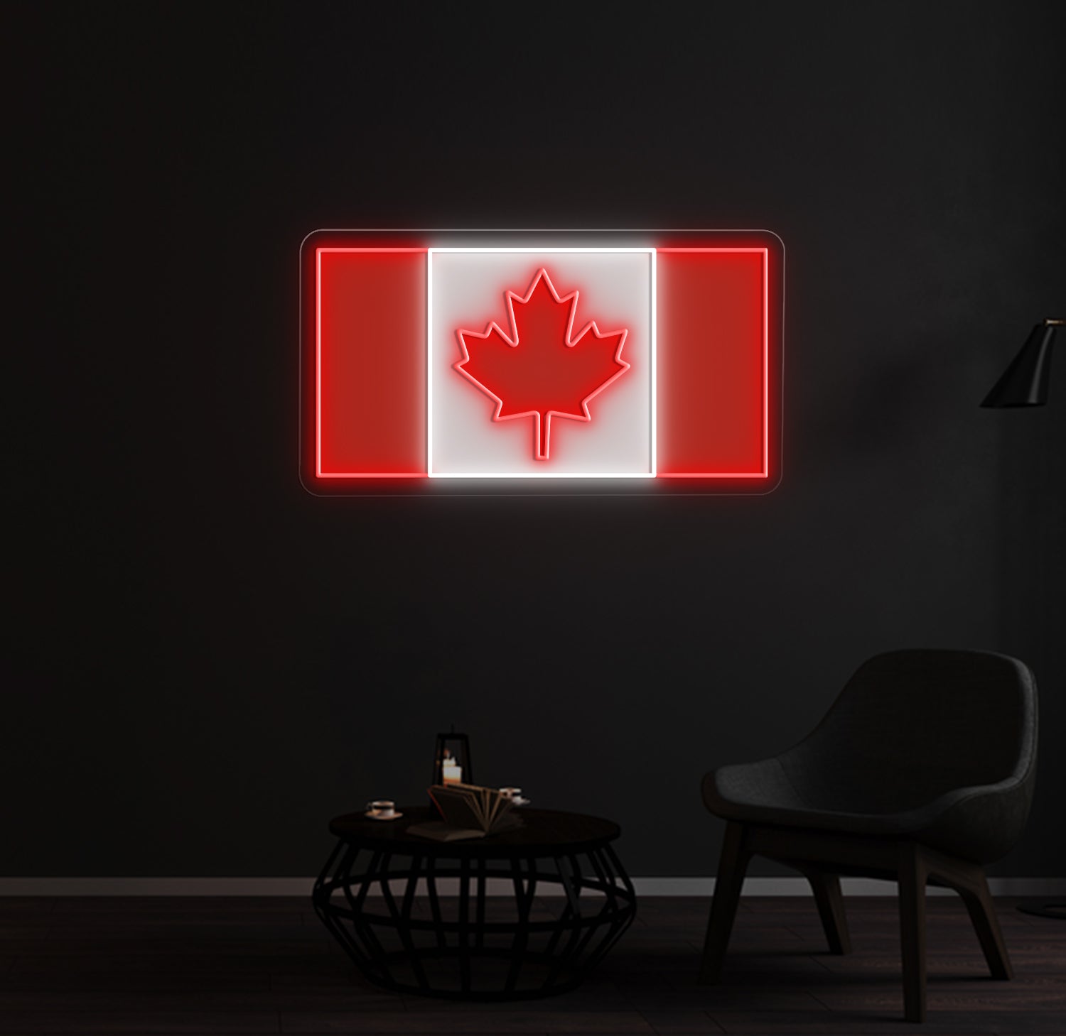 Neon sign of the Canadian flag on a dark wall with a modern chair and coffee table in the foreground.