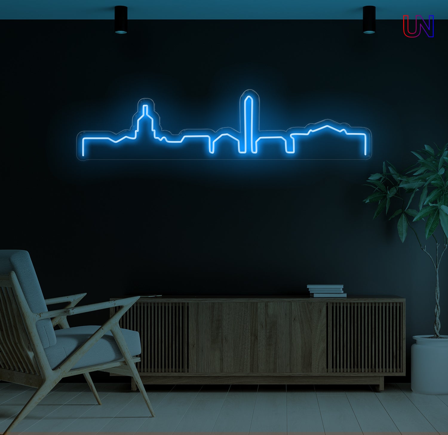 City skyline custom neon sign mounted on a wall – minimalist neon wall decor for home or office