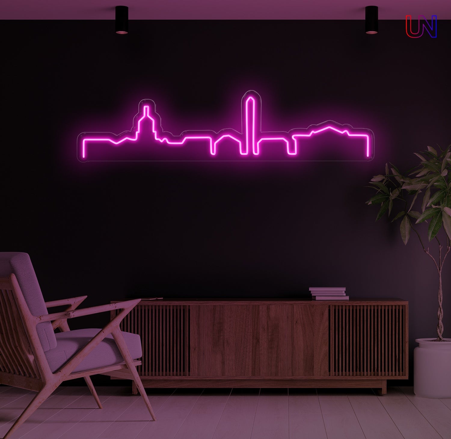 City skyline custom neon sign mounted on a wall – minimalist neon wall decor for home or office