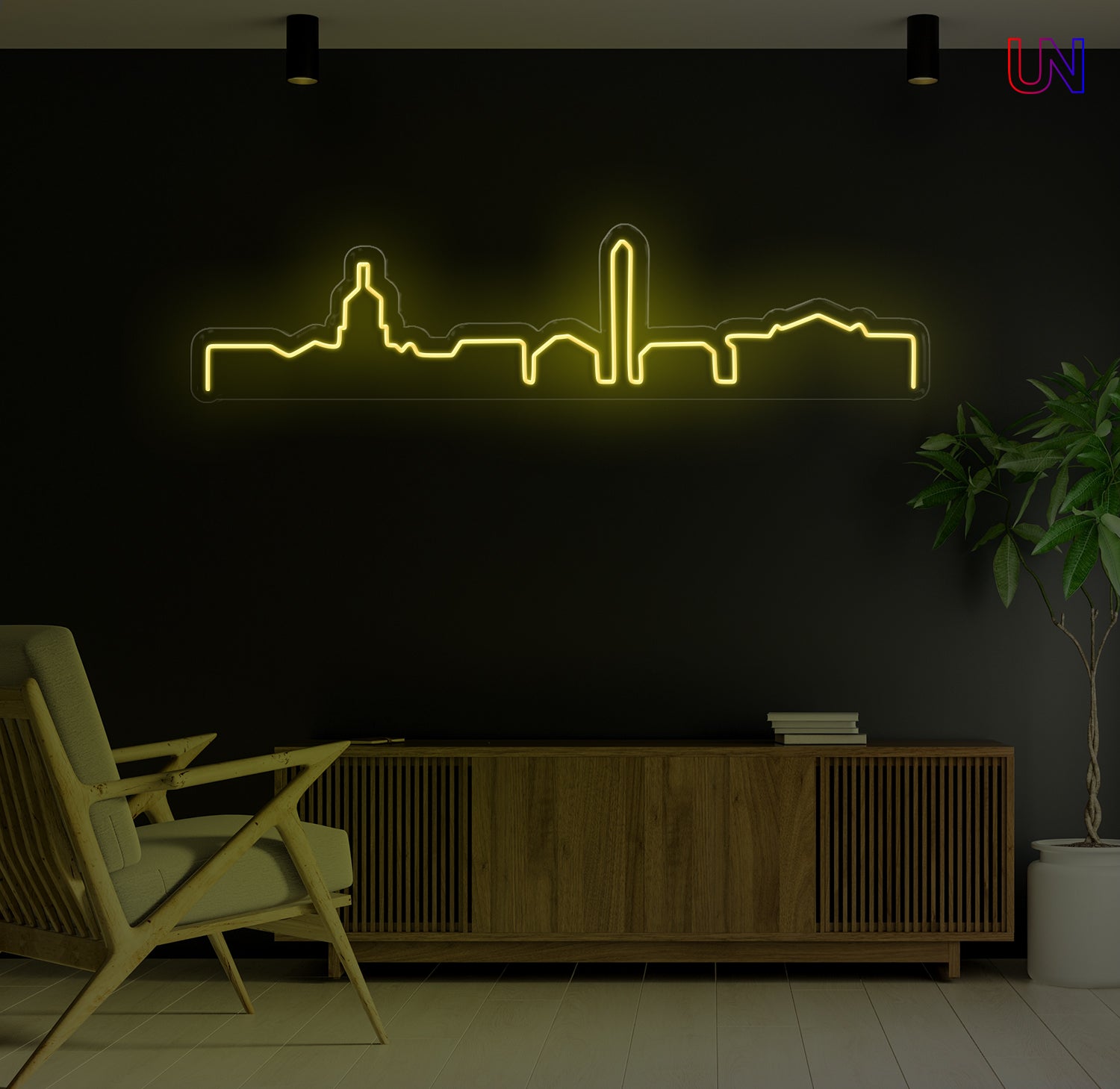 City skyline custom neon sign mounted on a wall – minimalist neon wall decor for home or office