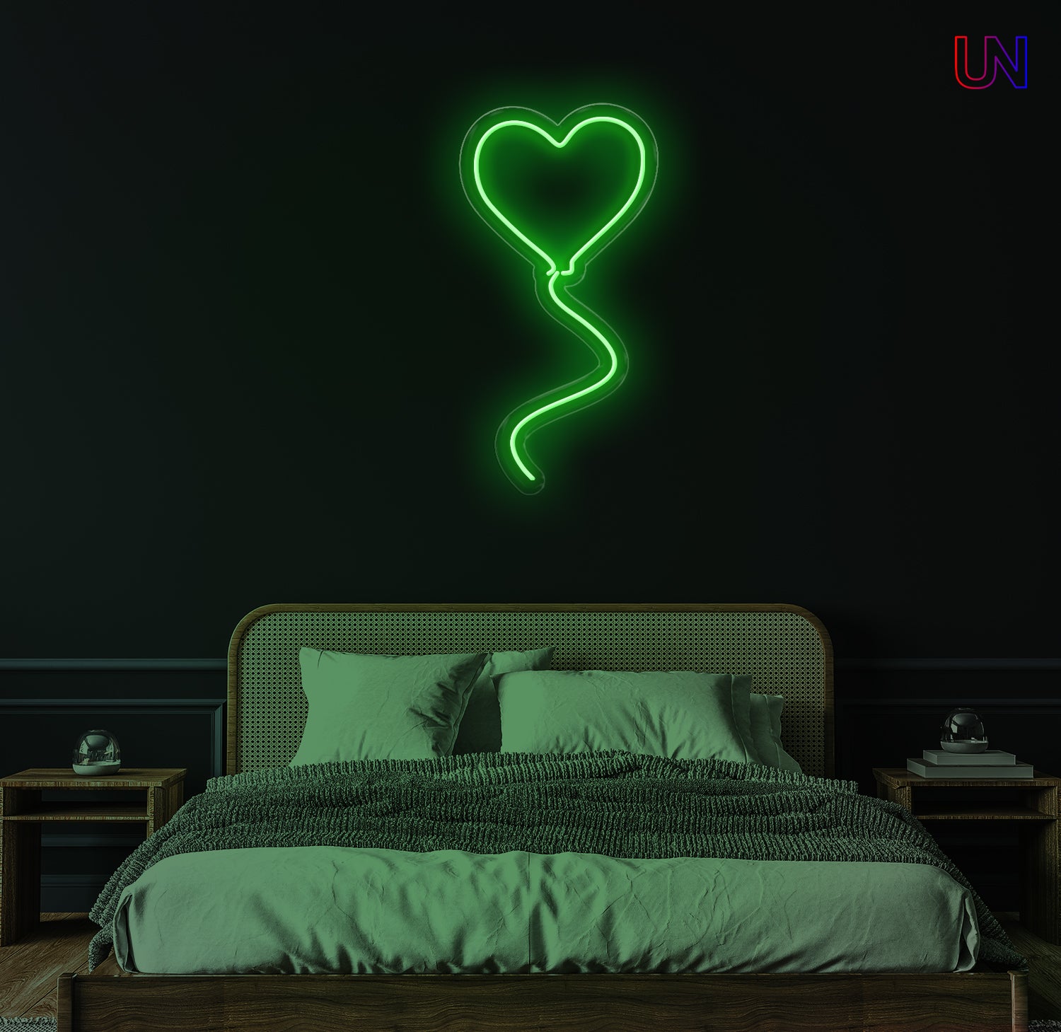 "Heart-shaped balloon neon sign glowing on wall above bed – romantic LED light decor for bedroom or special occasions"

