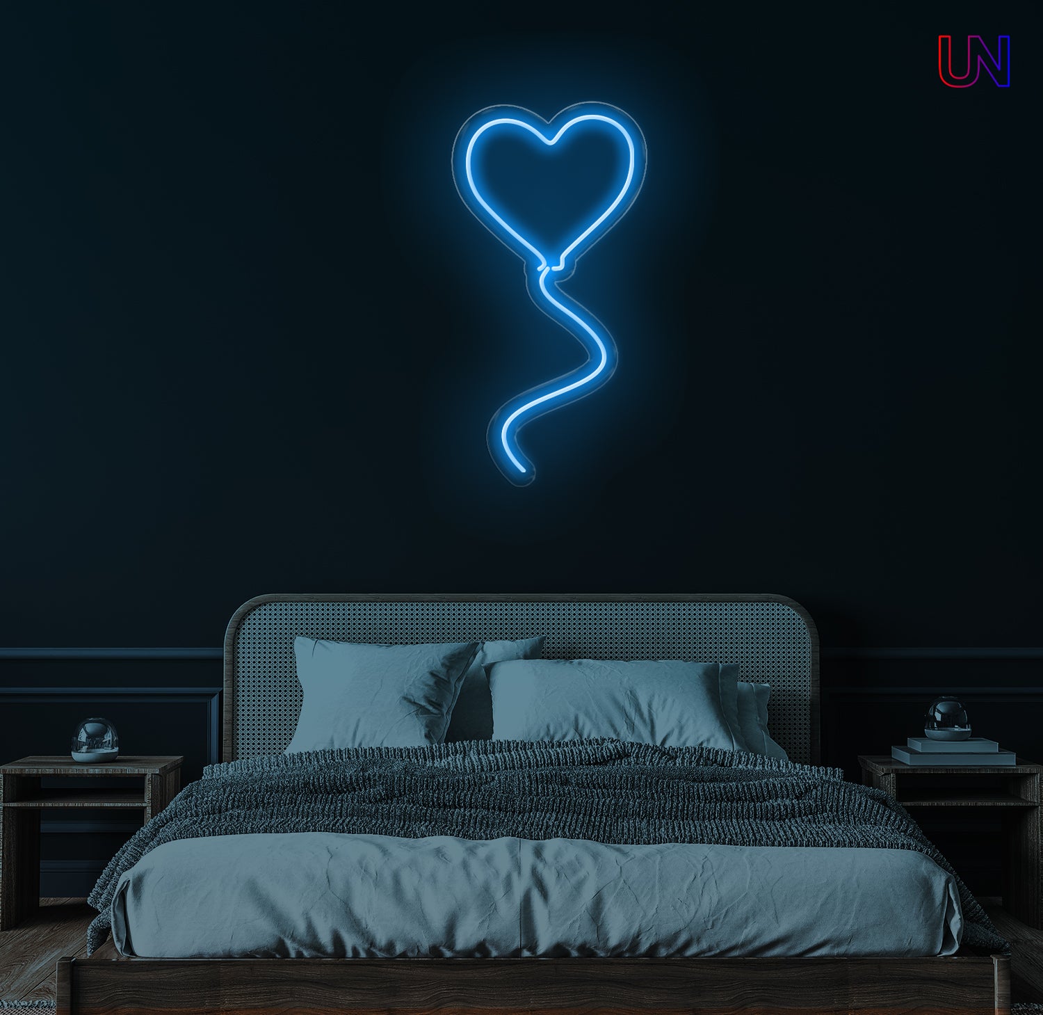 "Heart-shaped balloon neon sign glowing on wall above bed – romantic LED light decor for bedroom or special occasions"

