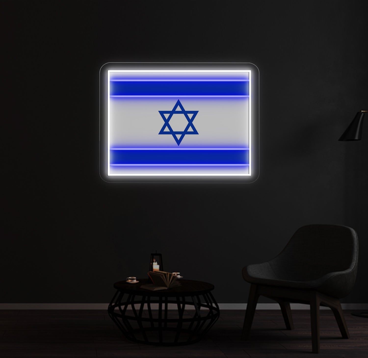 Israel flag custom neon sign glowing with star design on wall