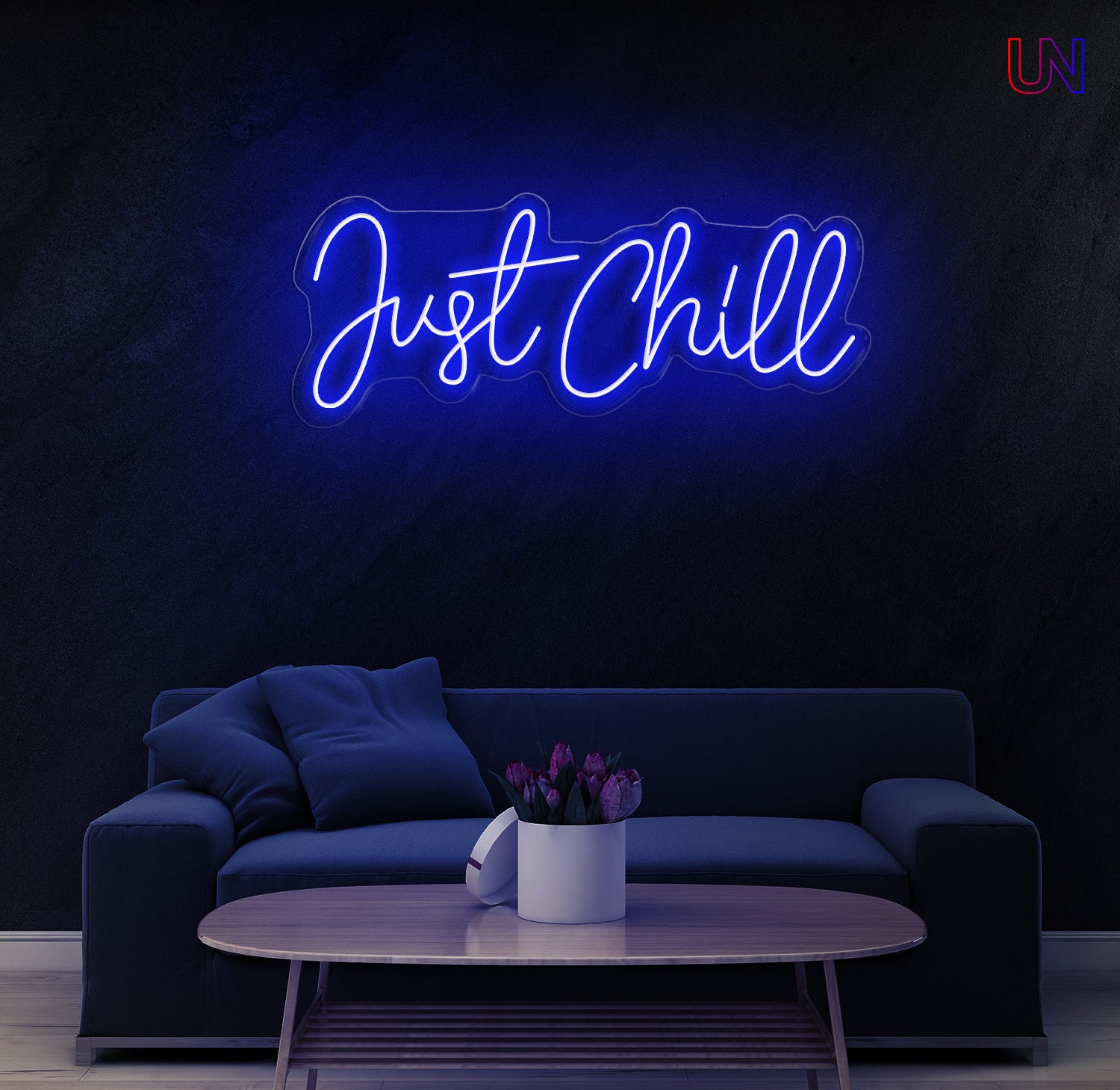 "Just Chill neon sign glowing on wall above sofa – modern LED custom neon wall décor for bedroom, game zone, or lounge area"