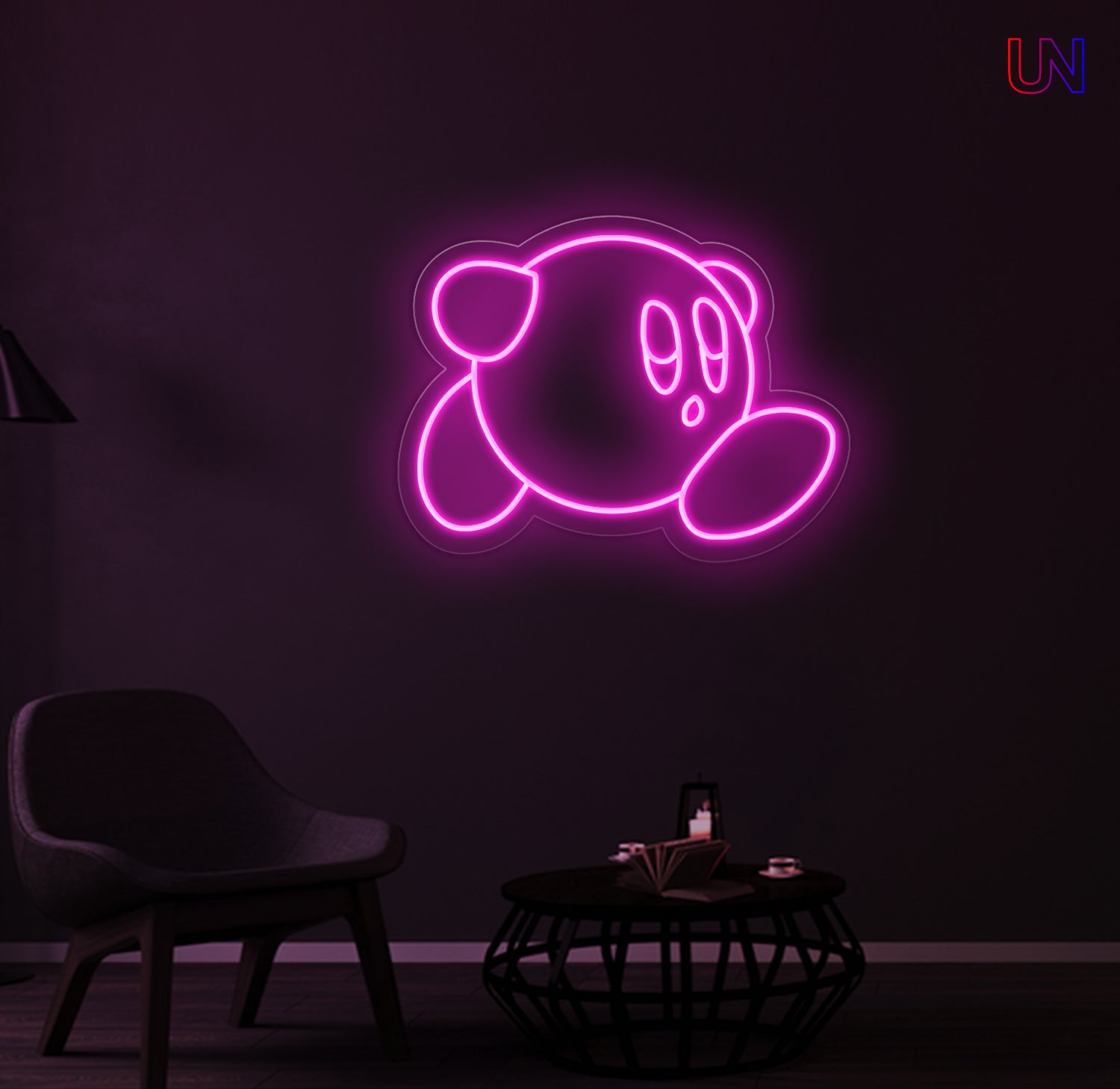 Kirby-inspired custom neon sign glowing on the wall in a modern lounge space.