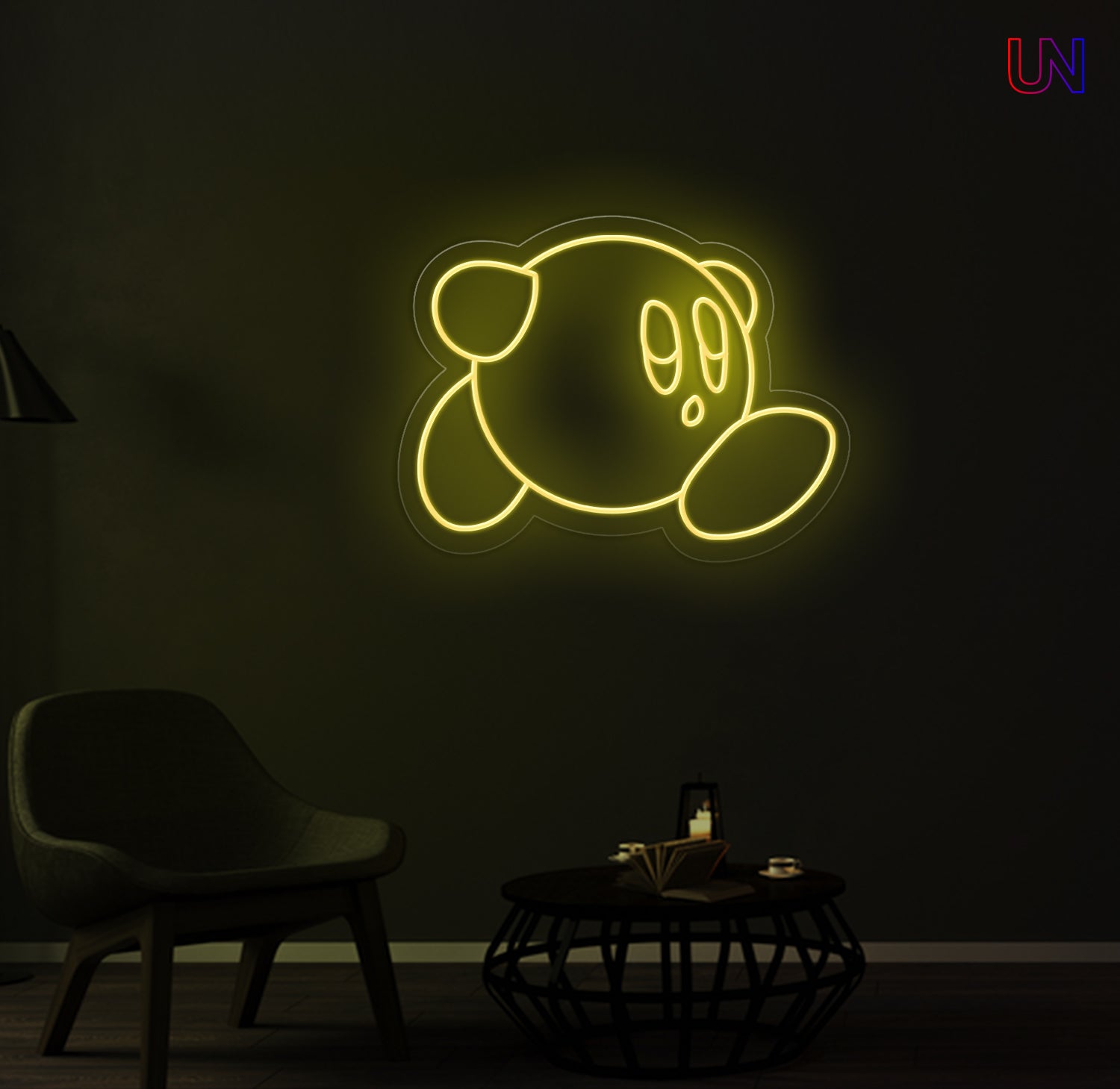 Kirby-inspired custom neon sign glowing on the wall in a modern lounge space.