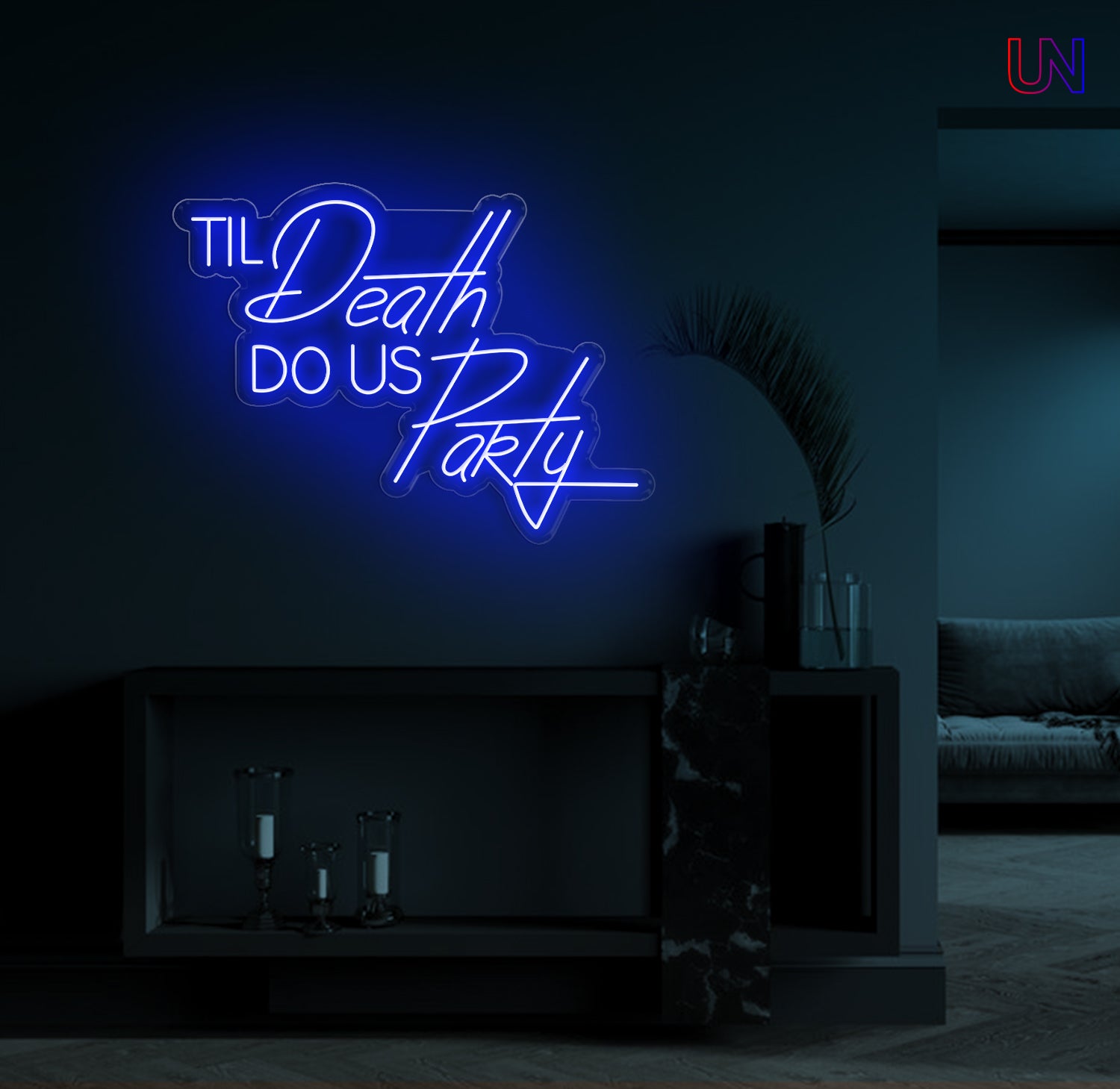 Til Death Do Us Party custom neon sign glowing on a modern wall – ideal for weddings, parties, and statement decor