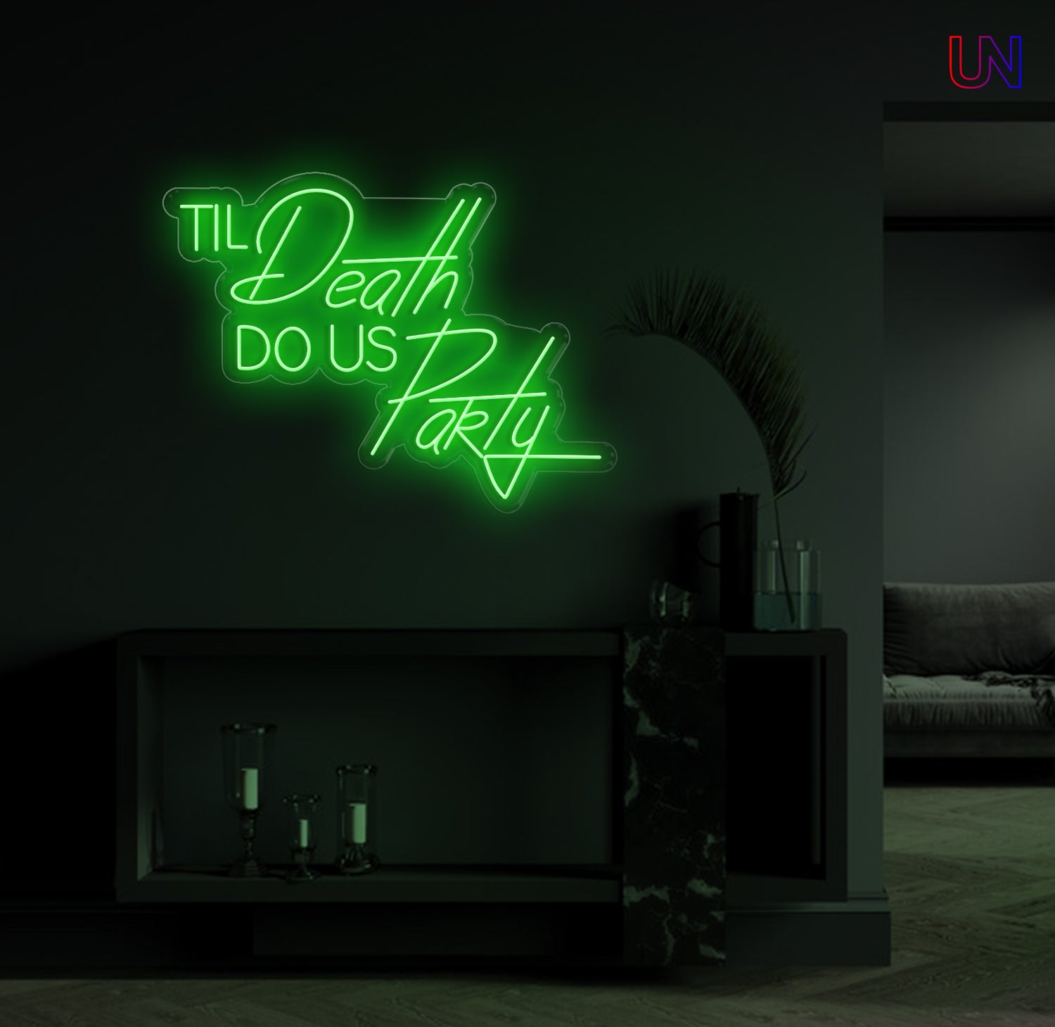 Til Death Do Us Party custom neon sign glowing on a modern wall – ideal for weddings, parties, and statement decor