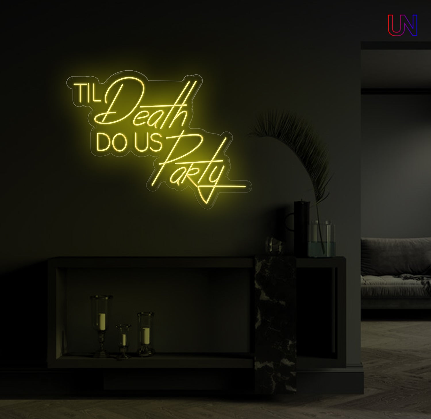 Til Death Do Us Party custom neon sign glowing on a modern wall – ideal for weddings, parties, and statement decor