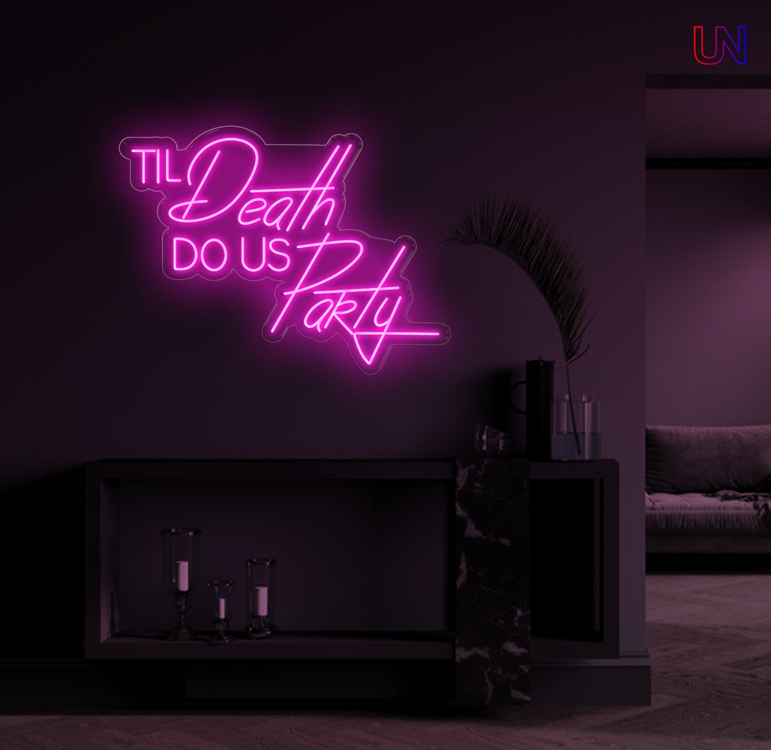 Til Death Do Us Party custom neon sign glowing on a modern wall – ideal for weddings, parties, and statement decor