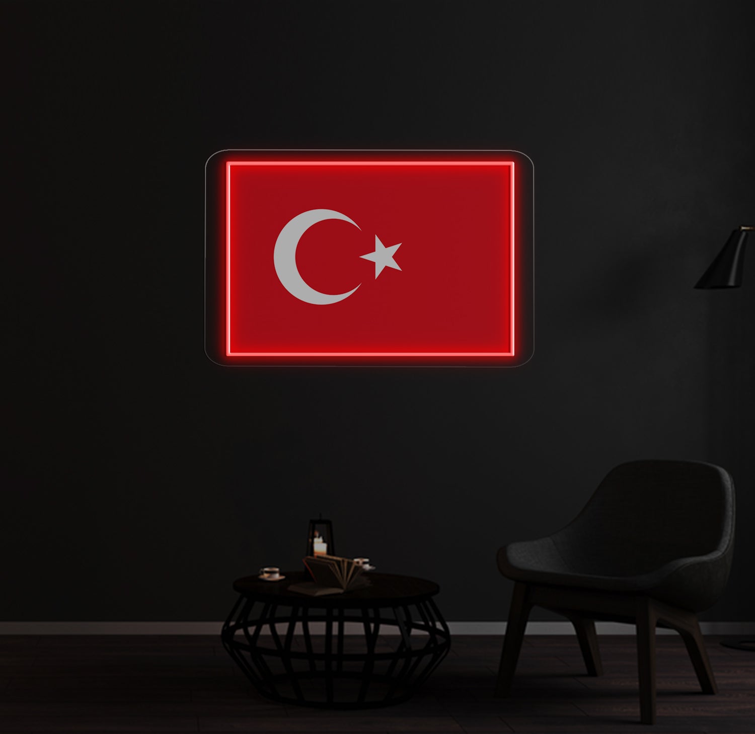 Turkey flag custom neon sign glowing on wall décor.