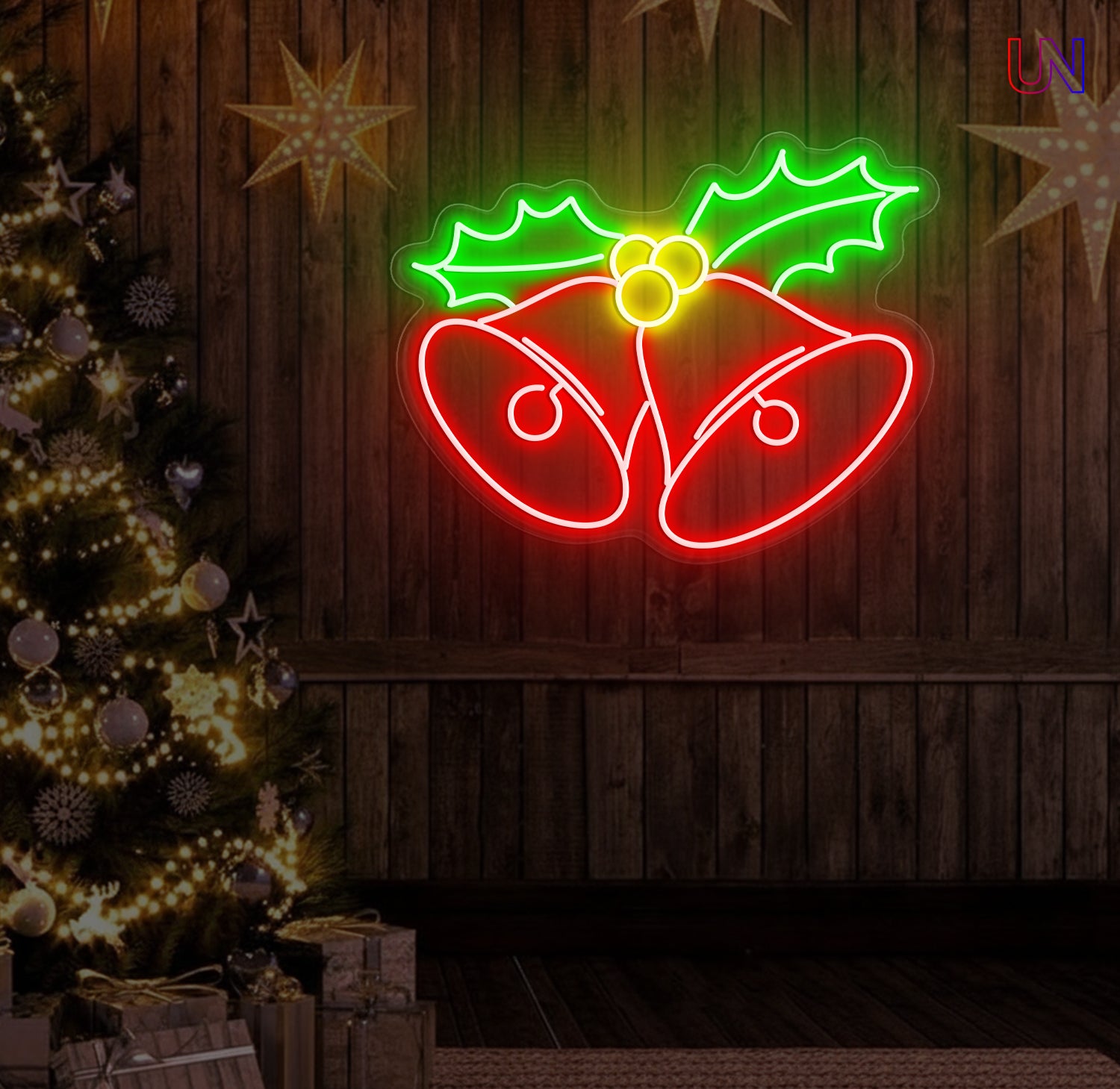 christmas bells custom neon sign glowing on wooden wall
